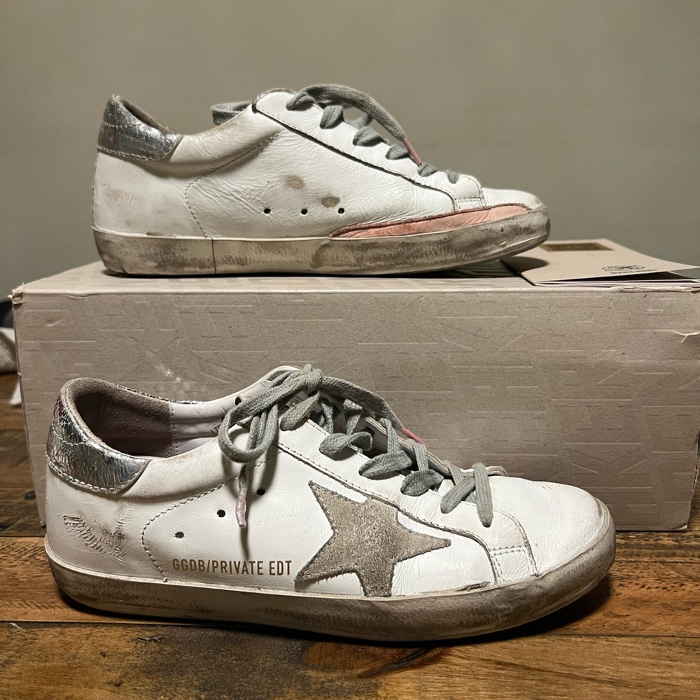 Golden Goose Superstar Sneaker in White, Ice, Orchid Pink, & Silver